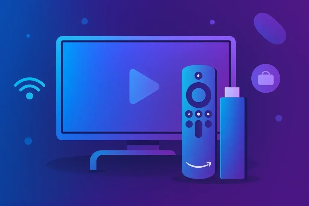 Illustration of a smart TV, Amazon Firestick, and remote control representing top IPTV streaming devices.
