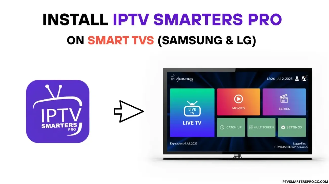 Instruction to install IPTV Smarters Pro app on Samsung and LG smart TVs with app icon and TV interface shown.